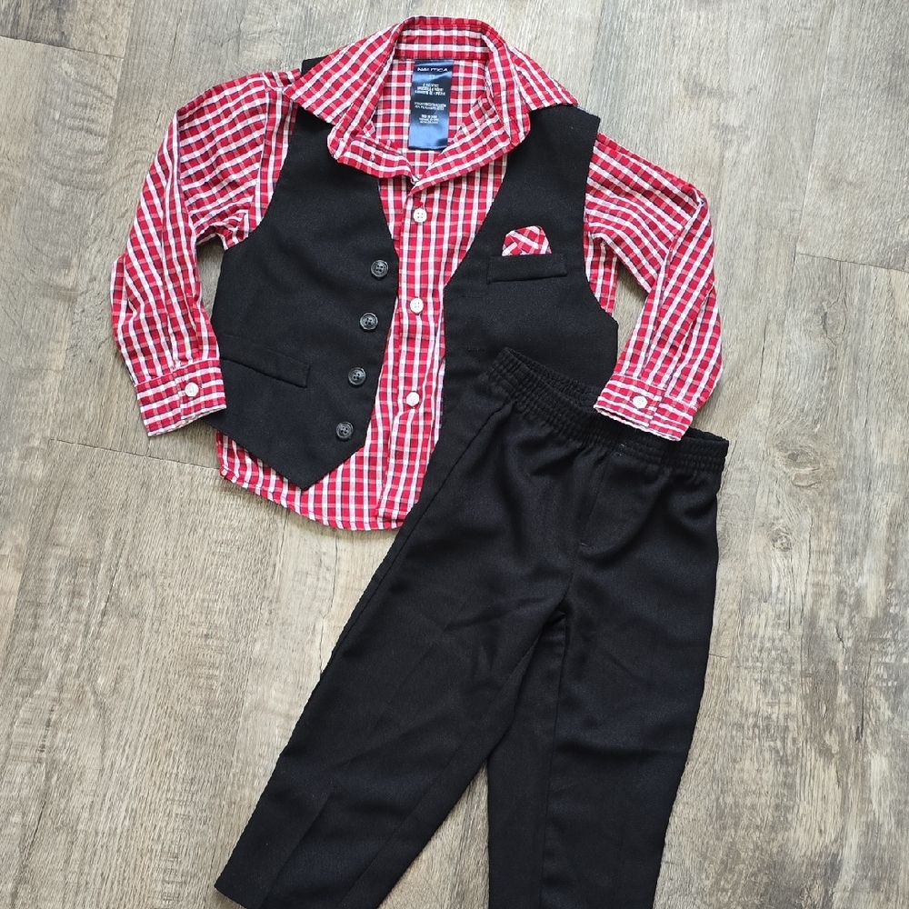 Nautica Red and White Plaid Shirt & Pant Set - 3T